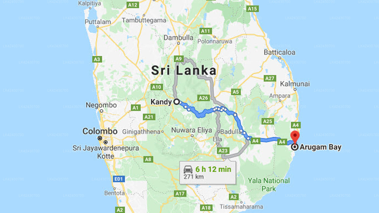 Kandy City to Arugam bay City Private Transfer