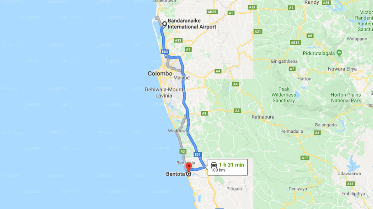 Transfer between Colombo Airport (CMB) and The Seven Spiritual Resort, Bentota