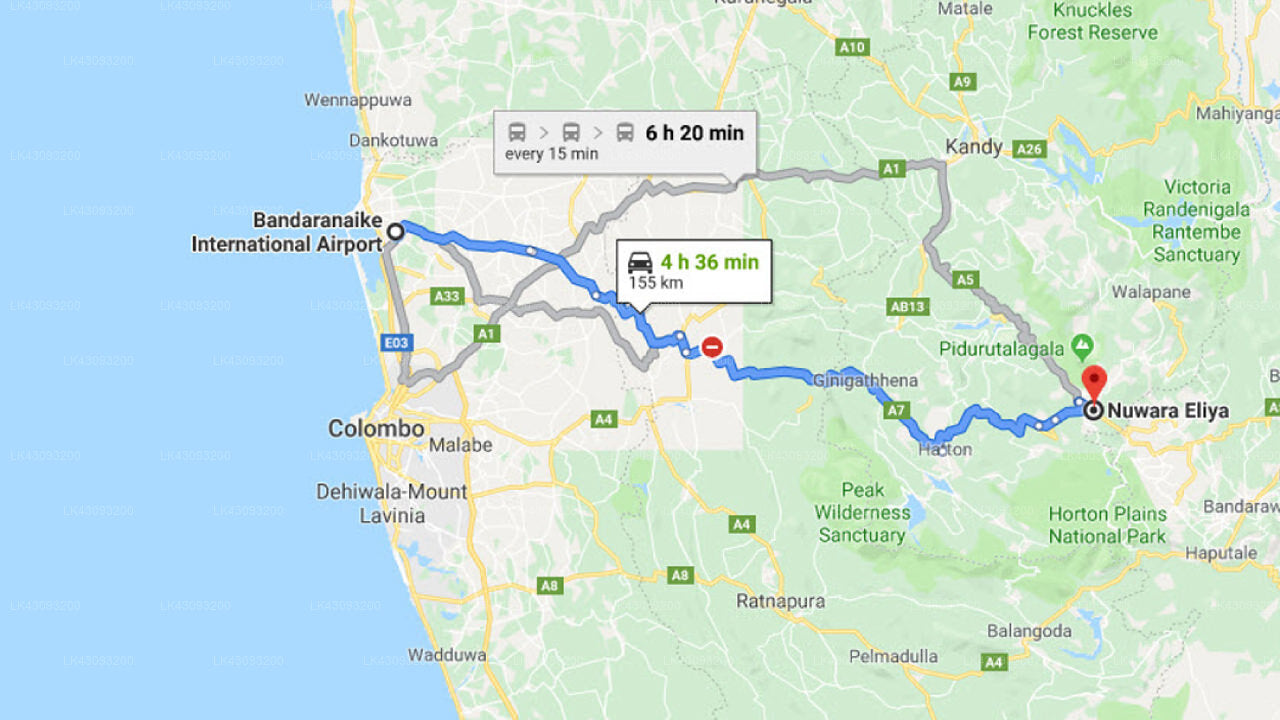 Transfer between Colombo Airport (CMB) and Lake View Hotel, Nuwara Eliya