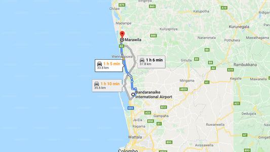 Transfer between Colombo Airport (CMB) and Sri Beach Bungalows and Villa, Marawila